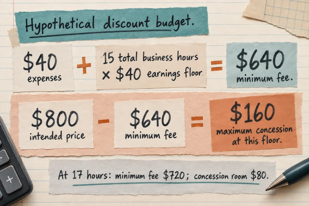 A $40 hourly earnings floor and 15 hours of work require a $640 fee, leaving $160 of discount room from an $800 price.