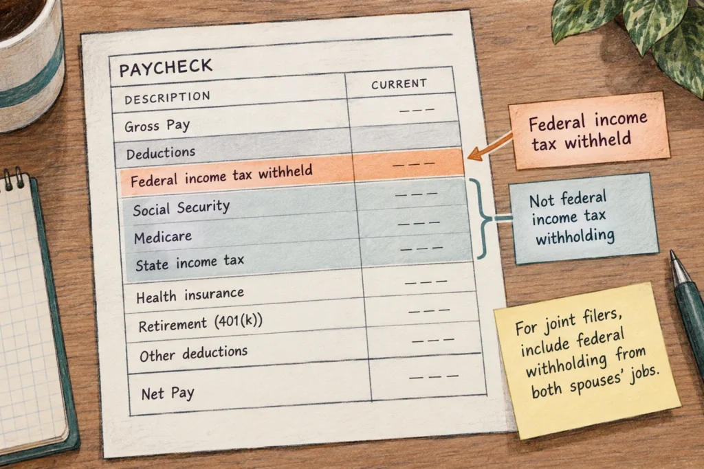 Illustrative paystub highlighting federal income tax withholding separately from Social Security, Medicare, and state tax.