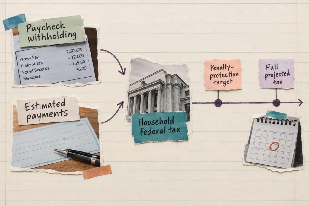 Paycheck withholding and estimated payments shown as alternative routes, with separate penalty-protection and full-tax targets.