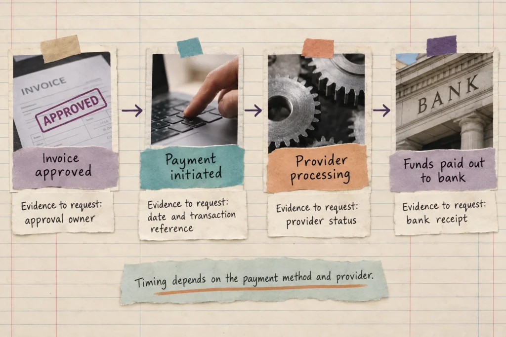 Invoice approval, payment initiation, processing, and bank payout are distinct stages with different evidence.