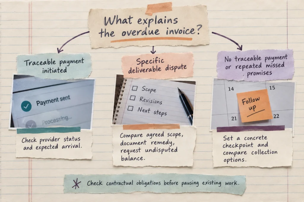 Traceable payments call for status checks, specific disputes call for scope-based resolution, and missed promises call for collection evaluation.