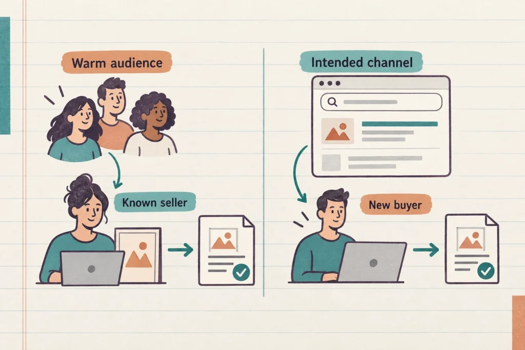Two purchase paths compare buyers who already know the seller with new buyers arriving through the intended sales channel.