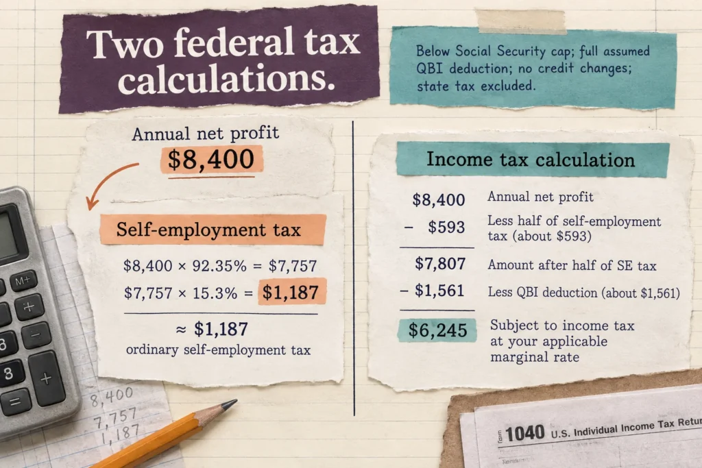 The hypothetical $8,400 profit produces about $1,187 in self-employment tax and, after stated deductions, about $6,245 subject to federal income tax.
