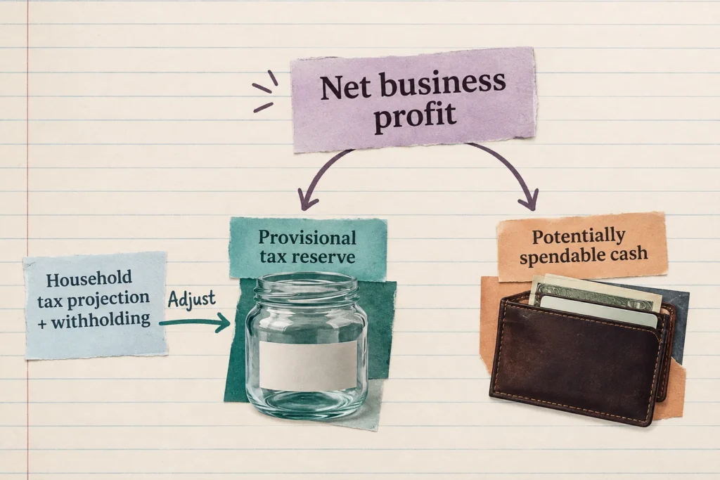 Net business profit is divided between a provisional tax reserve and potentially spendable cash, with household withholding used to adjust the reserve.