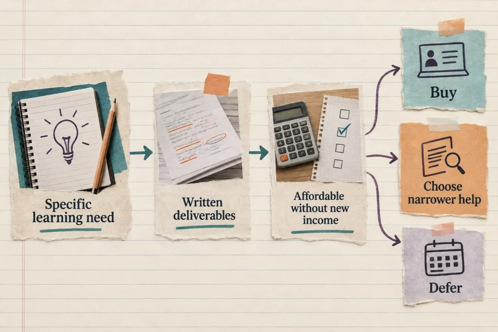 A course-purchase decision flow comparing a specific learning need, written deliverables, and affordability before choosing to buy, narrow, or defer.