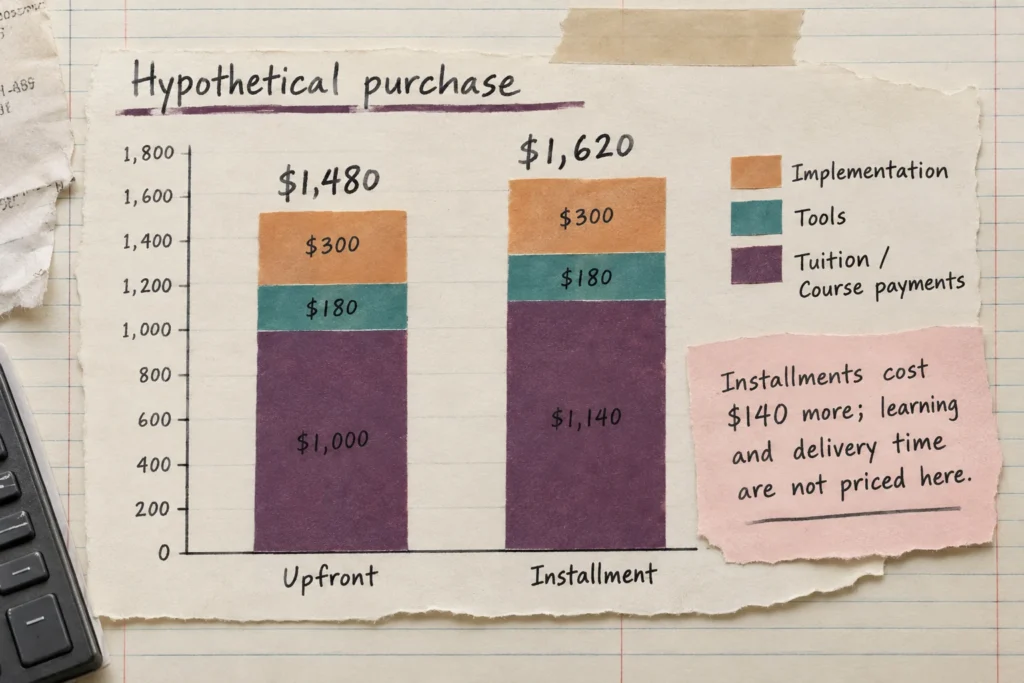 Hypothetical total costs of $1,480 upfront and $1,620 on installments, including tools and implementation.