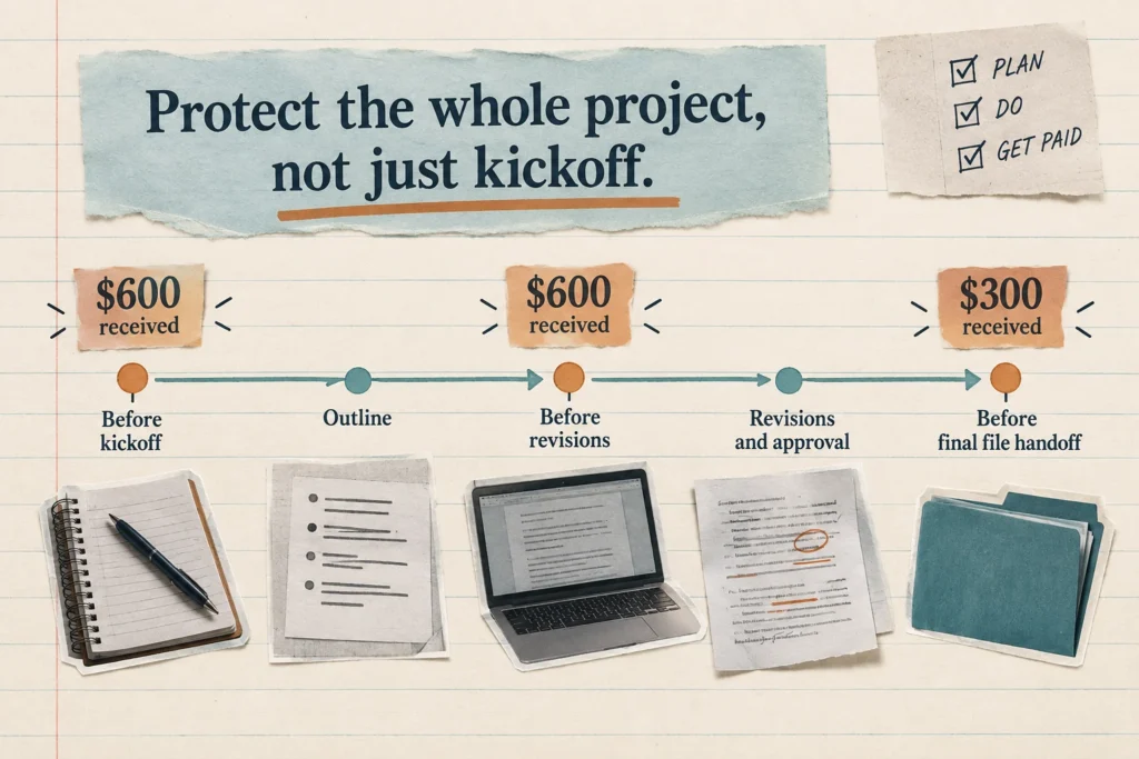 Freelance project timeline with payments before kickoff, before revisions, and before final file handoff.