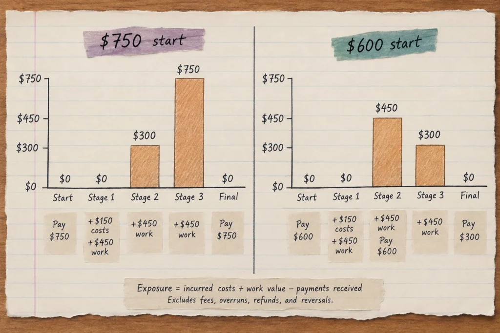 Uncovered exposure peaks at $750 with a deposit and final balance, versus $450 with a middle payment gate.