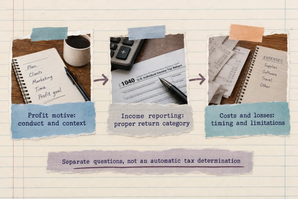 Three connected panels separating profit motive, income reporting, and cost or loss treatment.