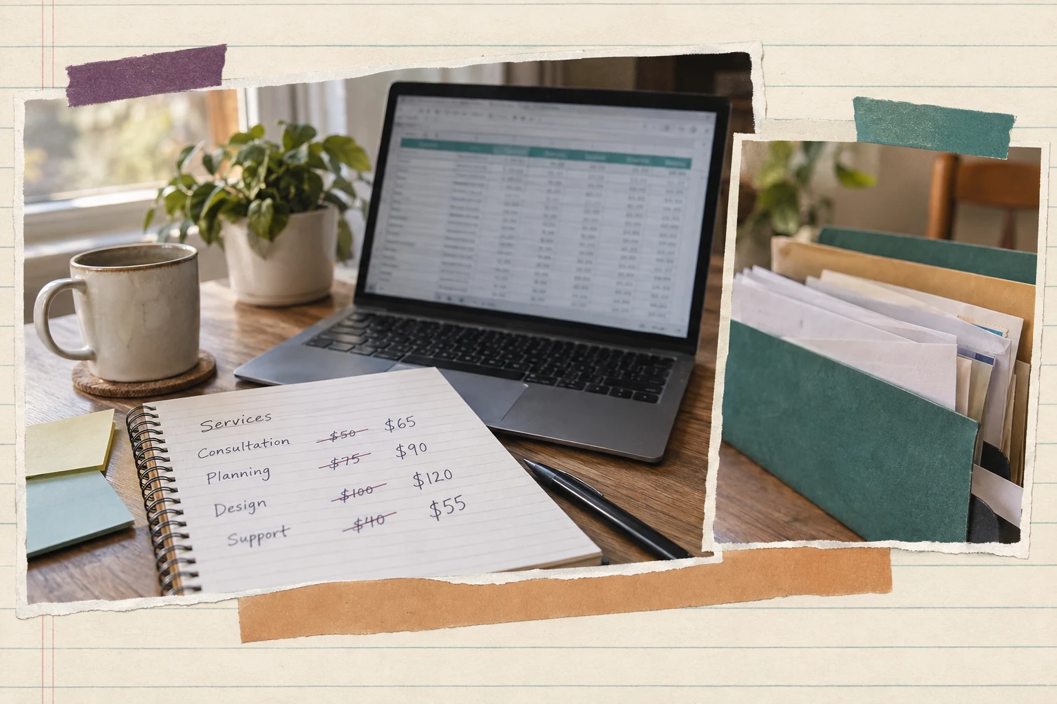 Home workspace with financial records and a revised service price sheet.