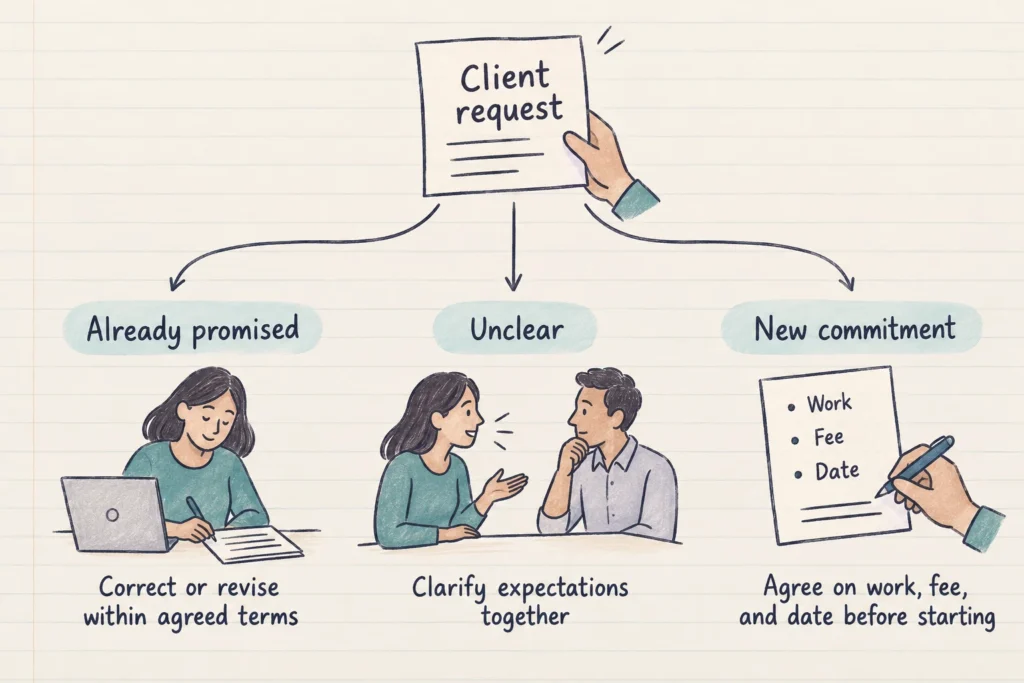 A client request branches into included work, unclear expectations, or a new commitment requiring agreement.