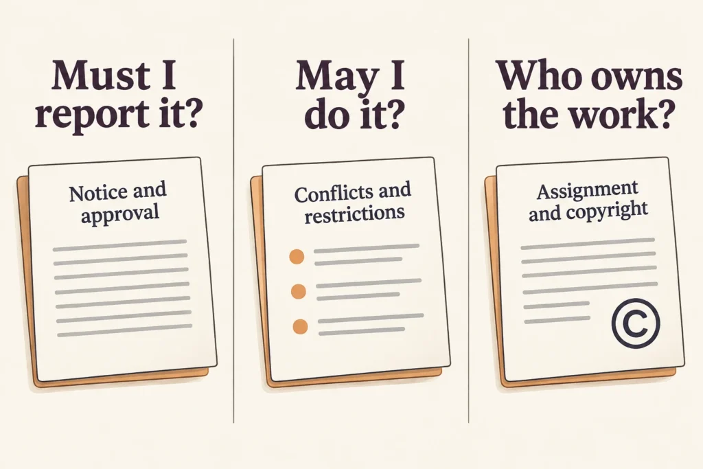Three separate side-hustle questions about reporting, permission, and ownership.