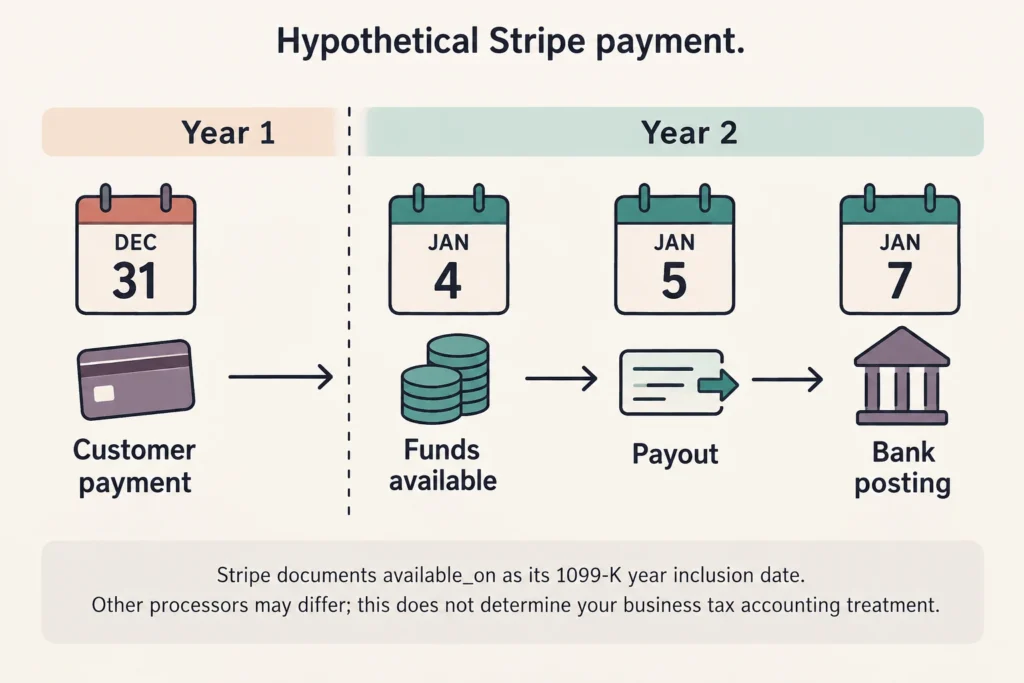 A hypothetical December 31 payment with funds available, payout, and bank posting in January.