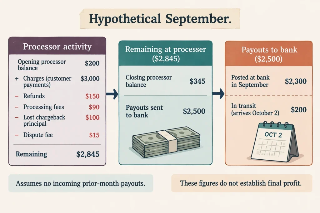 Hypothetical reconciliation showing $345 with the processor, $200 in transit, and $2,300 deposited at the bank.