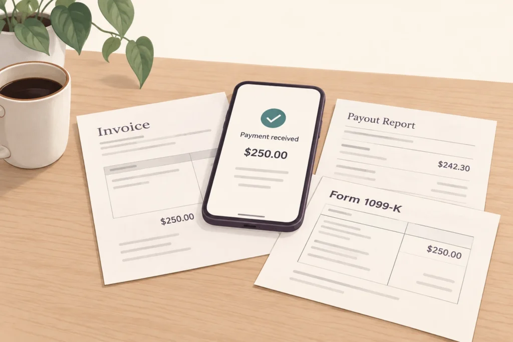 One customer payment linked to an invoice, processor record, payout, bank statement, and tax-form cross-check.