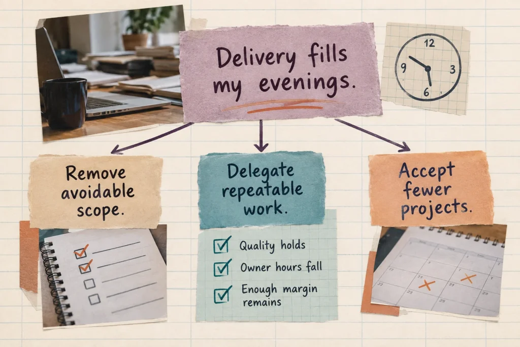 Three responses to a full side-hustle workload: simplify scope, delegate repeatable work, or accept fewer projects.