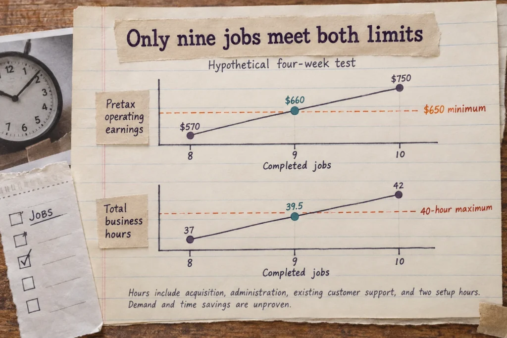 Eight hypothetical jobs miss the earnings minimum, nine meet both limits, and ten exceed the workload maximum.