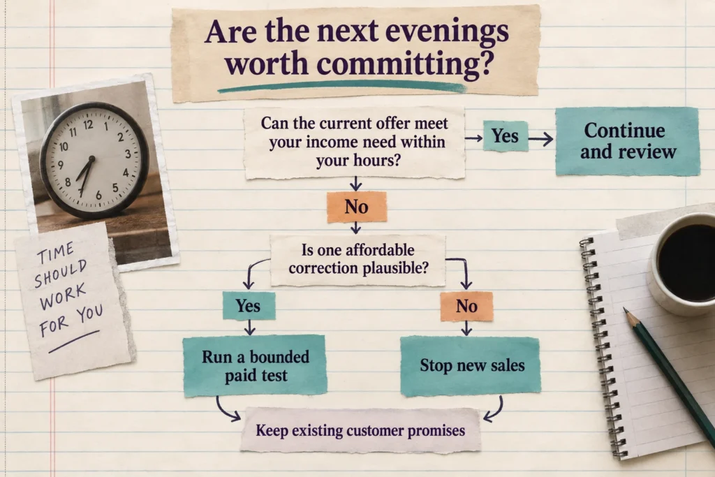 Decision map for continuing a side hustle, testing one affordable correction, or stopping new sales while keeping customer promises.